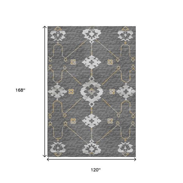 HomeRoots 10' Gray Ivory Gold Floral Medallion Area Rug - Washable, UV Protected, Stain Resistant, Durable Design 645133