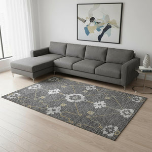 HomeRoots 10' Gray Ivory Gold Floral Medallion Area Rug - Washable, UV Protected, Stain Resistant, Durable Design 645133