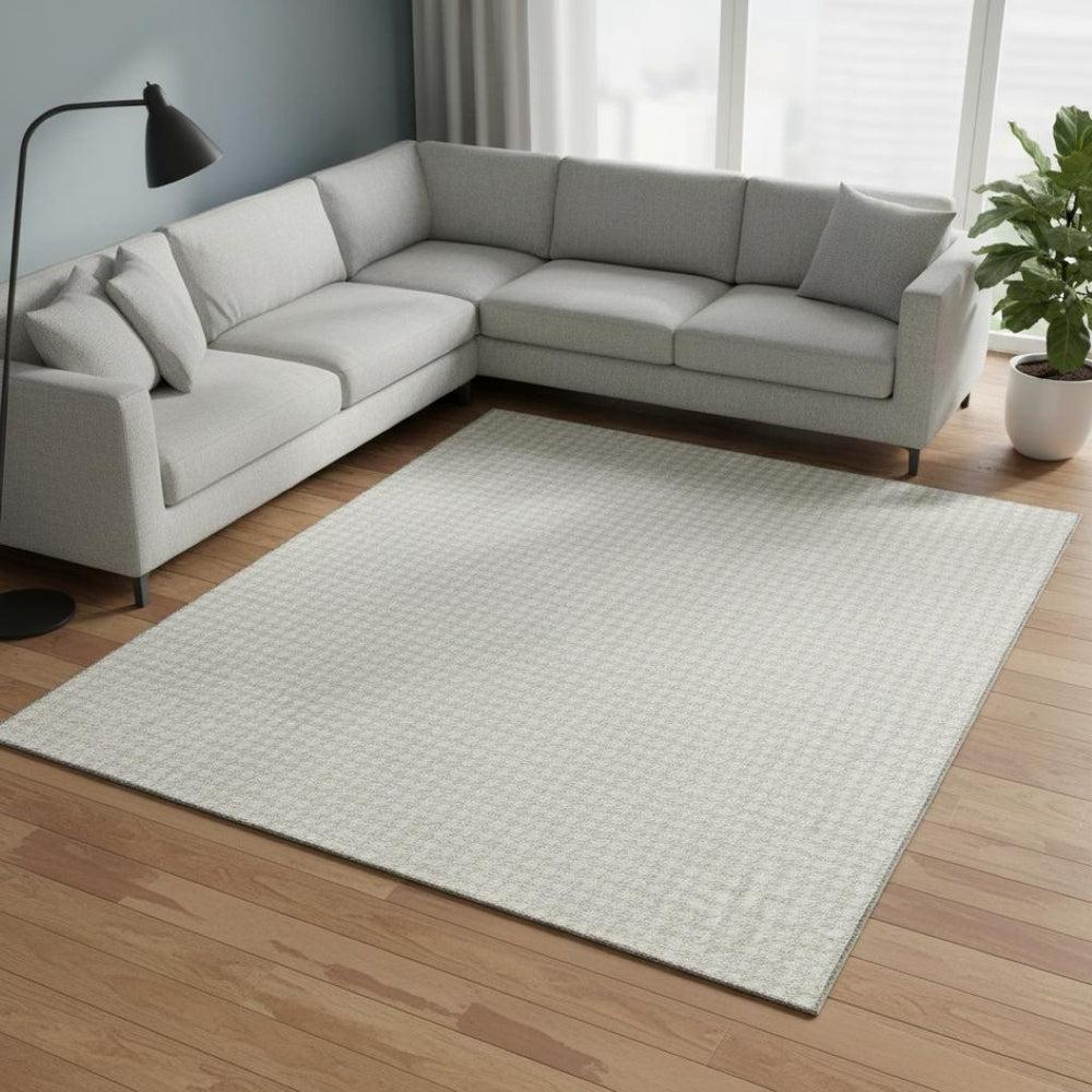 HomeRoots 9' X 12' Versatile Linen & Ivory Houndstooth Area Rug - Washable, UV-Protected for Active Homes! 645138