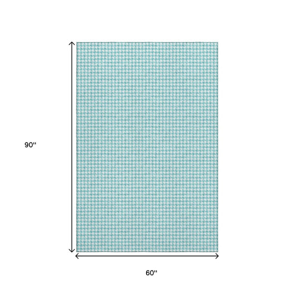 HomeRoots 5' X 8' Aqua Houndstooth Area Rug - Stylish, Washable, UV-Protected for Active Homes & Pets! 645141