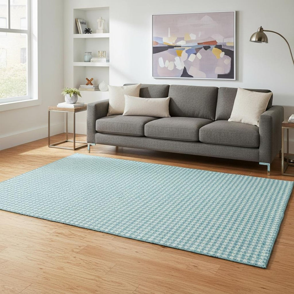 HomeRoots 5' X 8' Aqua Houndstooth Area Rug - Stylish, Washable, UV-Protected for Active Homes & Pets! 645141