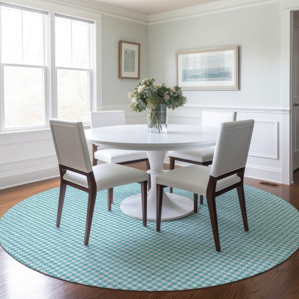HomeRoots 8' Aqua and White Houndstooth Round Rug - Stylish, Washable, UV-Protected for Modern Homes 645142