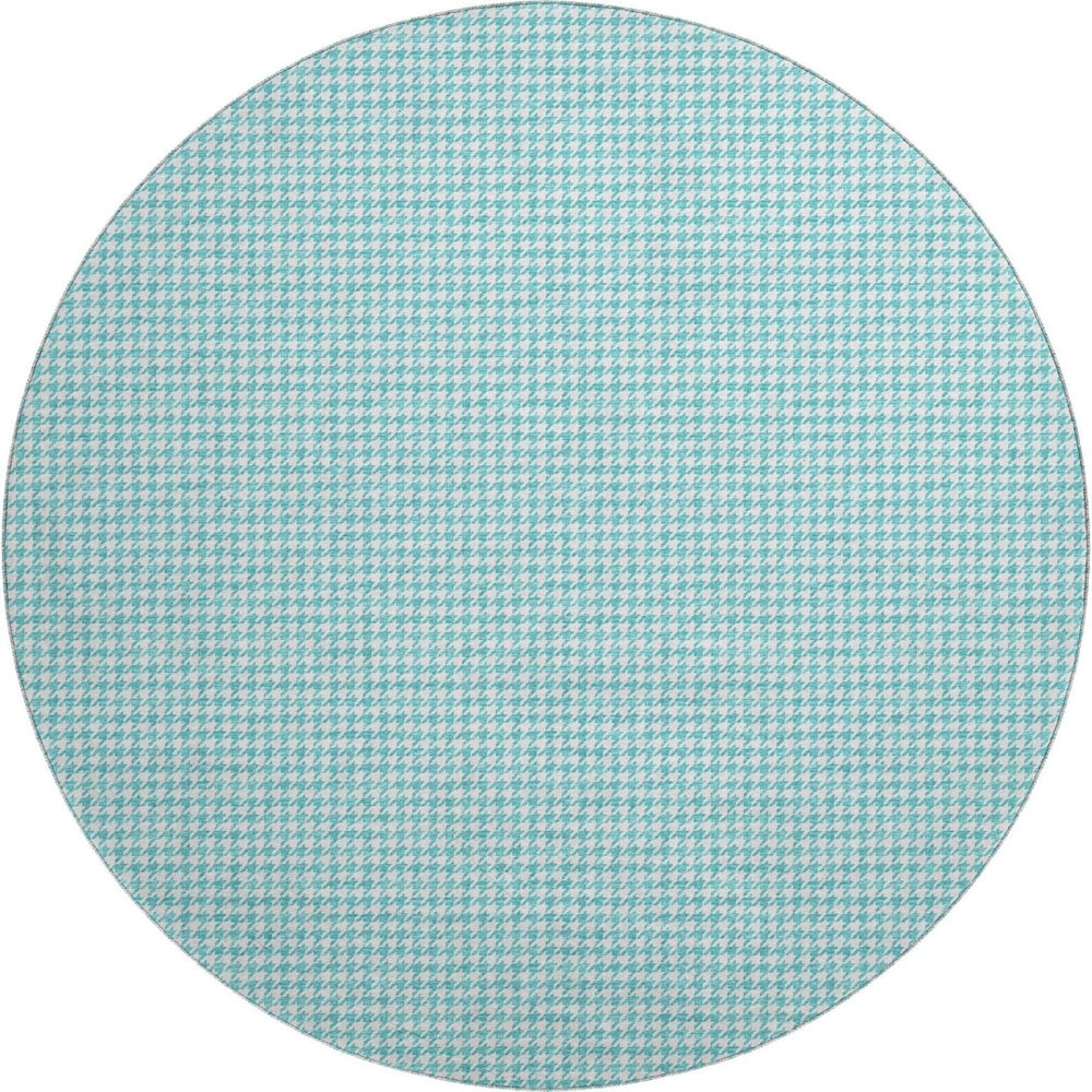 HomeRoots 8' Aqua and White Houndstooth Round Rug - Stylish, Washable, UV-Protected for Modern Homes 645142