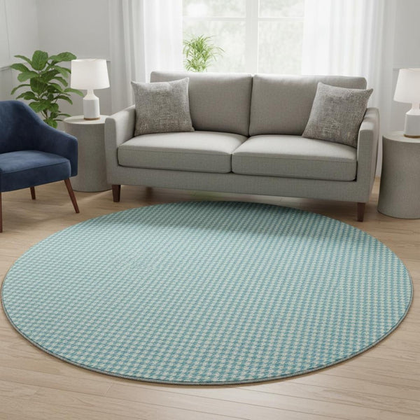 HomeRoots 8' Aqua and White Houndstooth Round Rug - Stylish, Washable, UV-Protected for Modern Homes 645142