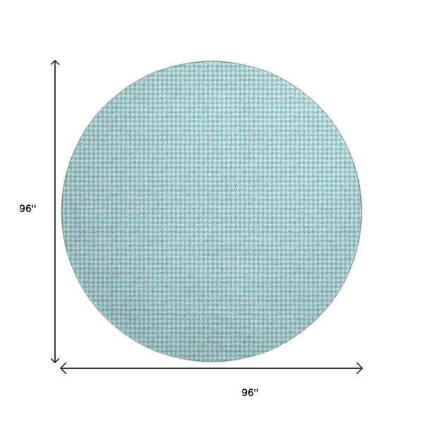 HomeRoots 8' Aqua and White Houndstooth Round Rug - Stylish, Washable, UV-Protected for Modern Homes 645142