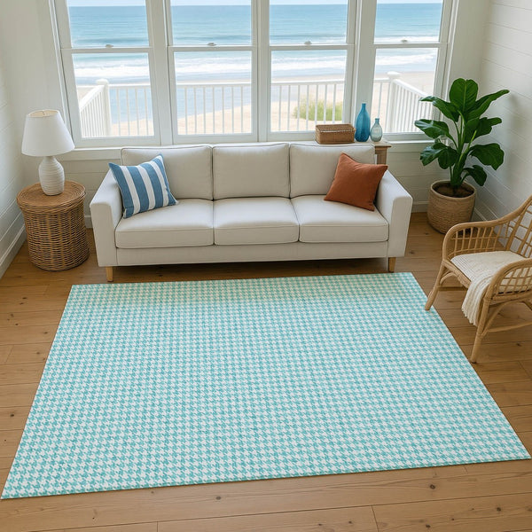 HomeRoots 8' X 10' Aqua & White Houndstooth Washable Area Rug – Durable, Stylish, UV Protected for Any Space! 645143