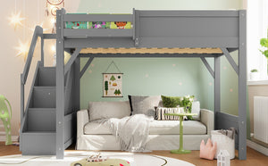 English Elm Twin Low Loft Bed Solid Pine Frame Kids Study Desk Blackboard Storage White Gray W1580S00469