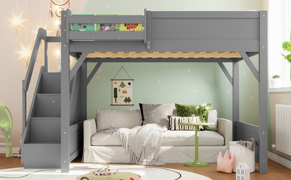 English Elm Twin Low Loft Bed Solid Pine Frame Kids Study Desk Blackboard Storage White Gray W1580S00469
