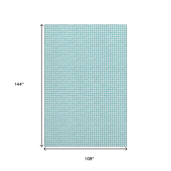 HomeRoots 9' X 12' Aqua & White Houndstooth Washable Area Rug - Durable, UV-Protected & Easy-Care Design! 645144