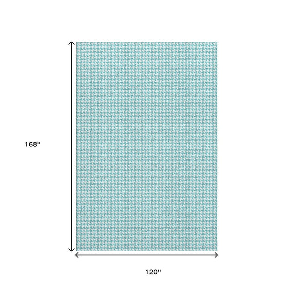 HomeRoots 10' Aqua & White Houndstooth Washable Area Rug - Durable, Stain Resistant, UV Protected for Homes 645145