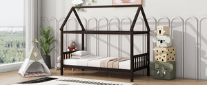 English Elm Twin House Bed with Headboard and Footboard — Space-Saving Rubberwood Frame, Playful Architectural Design Espresso W504P225958