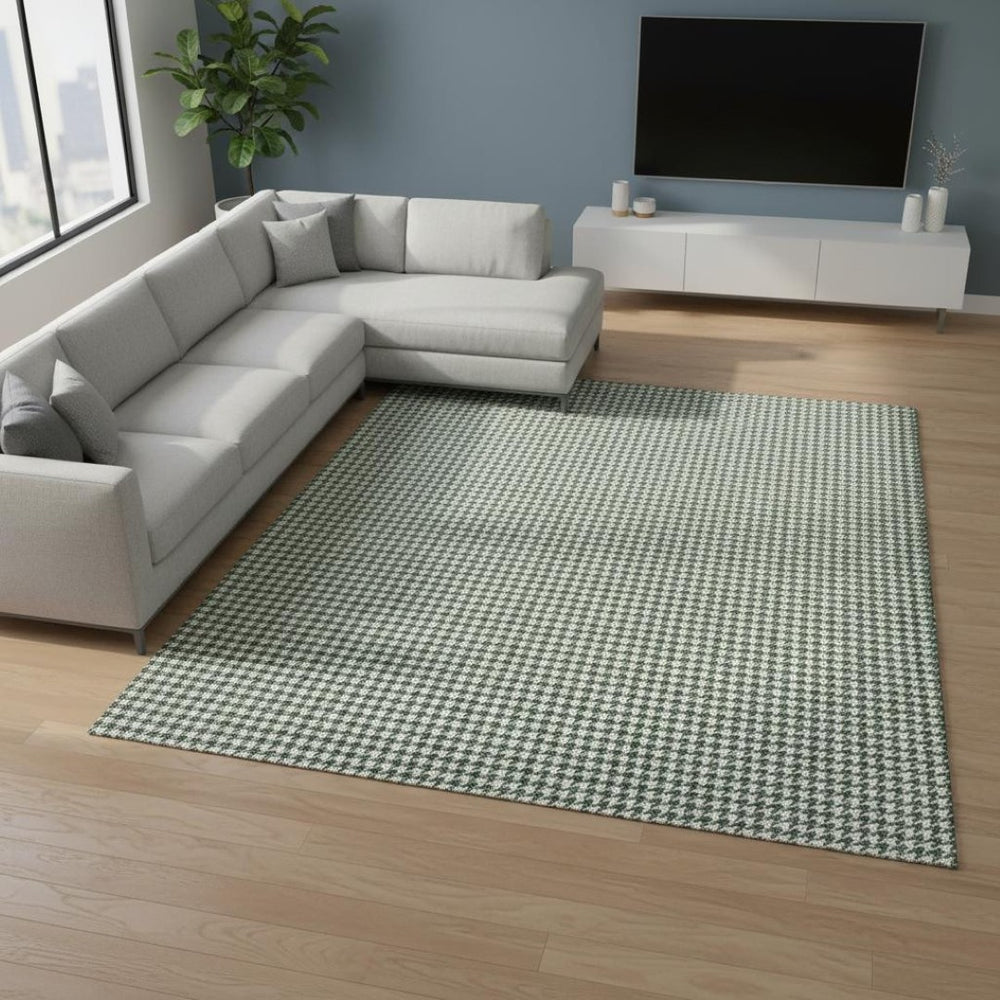 HomeRoots 8' X 10' Green and White Houndstooth Washable Area Rug - Stylish, Durable, and UV-Protected Design 645149