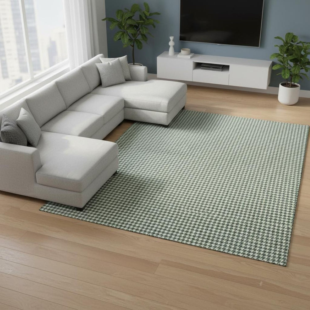 HomeRoots 9' X 12' Green and White Houndstooth Area Rug - Stylish, Washable, Stain-Resistant for Busy Homes 645150