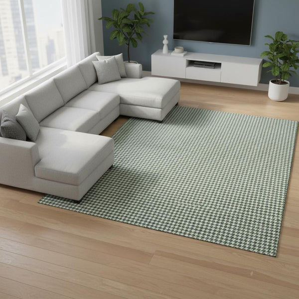HomeRoots 9' X 12' Green and White Houndstooth Area Rug - Stylish, Washable, Stain-Resistant for Busy Homes 645150