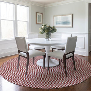 HomeRoots 8' Red and White Houndstooth Washable Round Rug - Durable, Stylish, UV Protected for High Traffic Areas 645154