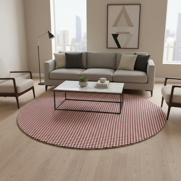 HomeRoots 8' Red and White Houndstooth Washable Round Rug - Durable, Stylish, UV Protected for High Traffic Areas 645154