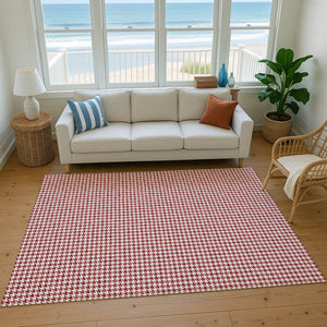 HomeRoots 9' X 12' Red and White Houndstooth Area Rug - Washable, UV-Protected, Durable for High-Traffic Spaces 645156
