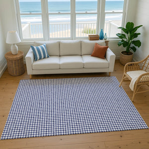 HomeRoots 9' X 12' Navy Blue Houndstooth Area Rug - Washable, UV Protected, Stylish & Durable for Homes 645162