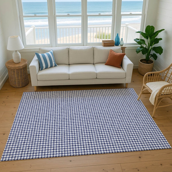 HomeRoots 9' X 12' Navy Blue Houndstooth Area Rug - Washable, UV Protected, Stylish & Durable for Homes 645162