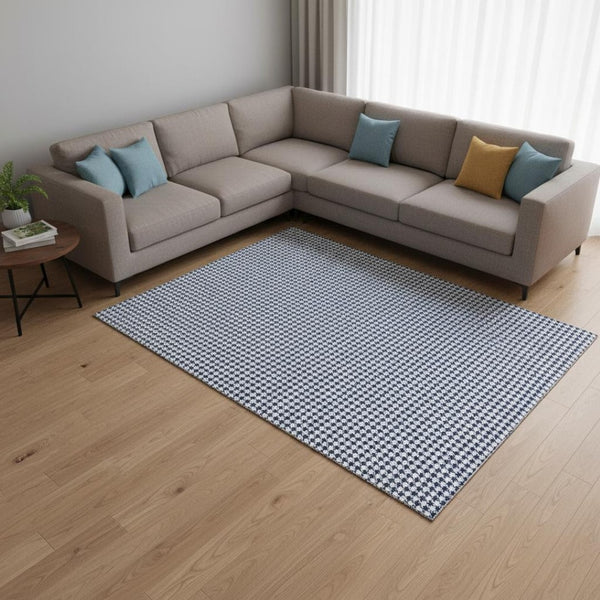 HomeRoots 9' X 12' Navy Blue Houndstooth Area Rug - Washable, UV Protected, Stylish & Durable for Homes 645162
