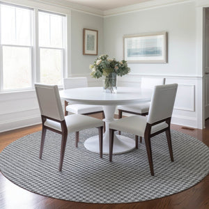 HomeRoots 8' Gray and Ivory Houndstooth Round Rug - Washable, UV-Protected, and Stain-Resistant for Durability 645166