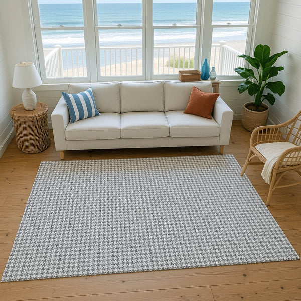 HomeRoots 10' Gray and Ivory Houndstooth Area Rug - Washable, Durable, UV Protected for High-Traffic Spaces 645169