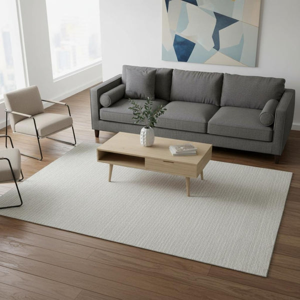 HomeRoots 5' X 8' Linen and Ivory Striped Area Rug – Stain Resistant, Machine Washable, UV Protected for Busy Homes 645183