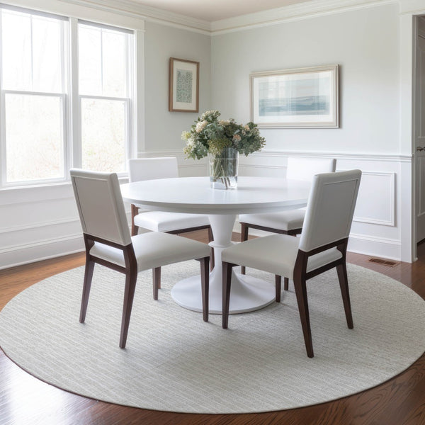 HomeRoots 8' Linen and Ivory Striped Round Rug - Washable, UV-Protected, Stain-Resistant for Active Homes 645184