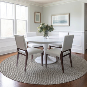 HomeRoots 8' Taupe and Ivory Striped Washable Round Rug – Durable, Stain-Resistant, UV Protected for Any Room 645190