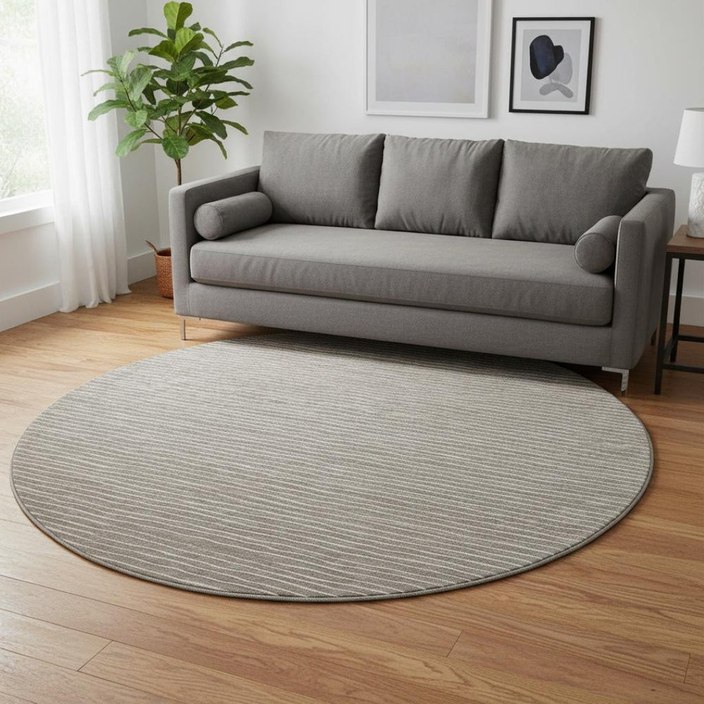 HomeRoots 8' Taupe and Ivory Striped Washable Round Rug – Durable, Stain-Resistant, UV Protected for Any Room 645190