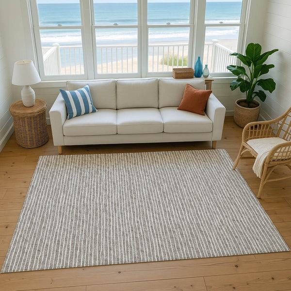 HomeRoots 9' X 12' Taupe & Ivory Striped Washable Area Rug - Stylish, Durable, UV Protected for Busy Homes 645192