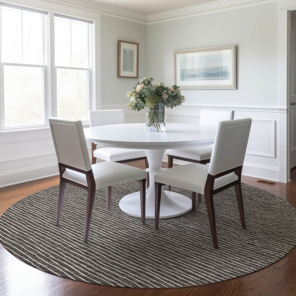 HomeRoots 8' Chocolate and Ivory Striped Washable Round Rug – UV Protected, Stain Resistant, Durable Design 645196