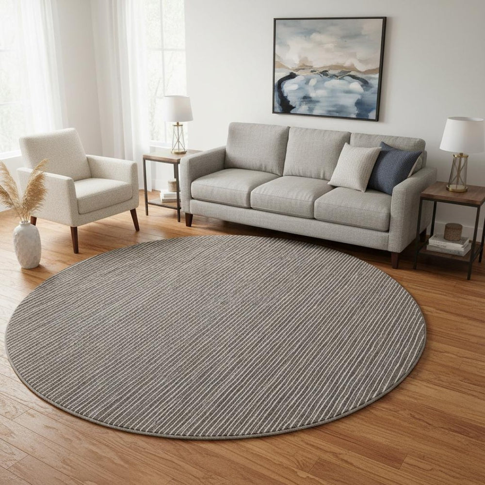 HomeRoots 8' Chocolate and Ivory Striped Washable Round Rug – UV Protected, Stain Resistant, Durable Design 645196