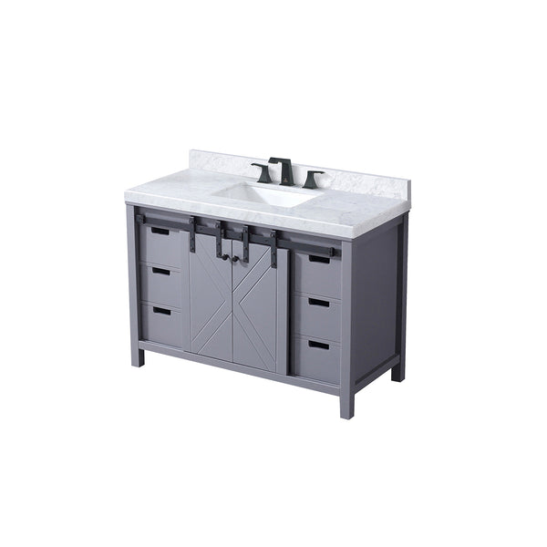 English Elm Dark Grey 48 in Bath Vanity with Carrara Marble Top, Matte Black Faucet, Soft-Close Drawers & Shelf B2731P260119