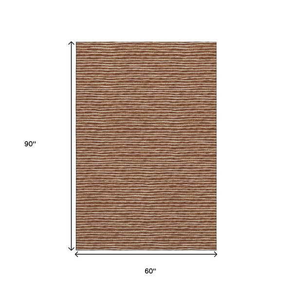 HomeRoots 5' X 8' Striped Rust and Ivory Area Rug - Machine Washable, UV Protected, Perfect for Family Living 645201