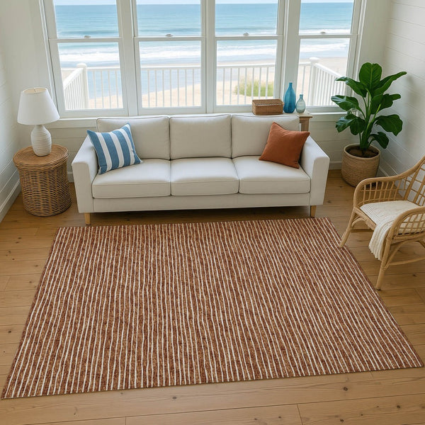 HomeRoots 5' X 8' Striped Rust and Ivory Area Rug - Machine Washable, UV Protected, Perfect for Family Living 645201