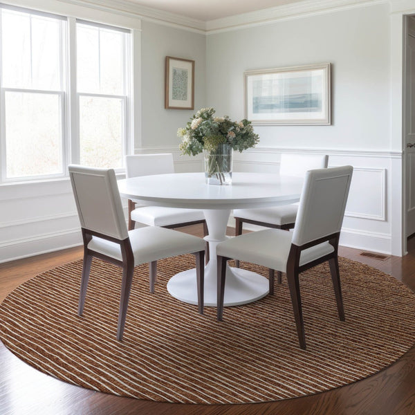 HomeRoots 8' Washable Round Rug in Rust and Ivory Stripes with UV Protection for Busy Homes - Durable & Stylish! 645202