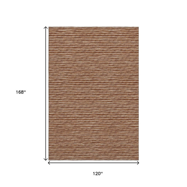 HomeRoots 10' X 14' Stylish Rust and Ivory Striped Area Rug – Washable, UV Protected, Perfect for High-Traffic Spaces 645205