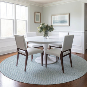 HomeRoots 8' Sky Blue Ivory Striped Round Rug - Washable, UV Protected, Stain Resistant for Homes with Pets & Kids 645214