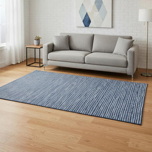 HomeRoots 5' Navy Blue & Ivory Striped Washable Area Rug – Durable, UV-Protected, Ideal for High-Traffic Spaces! 645219