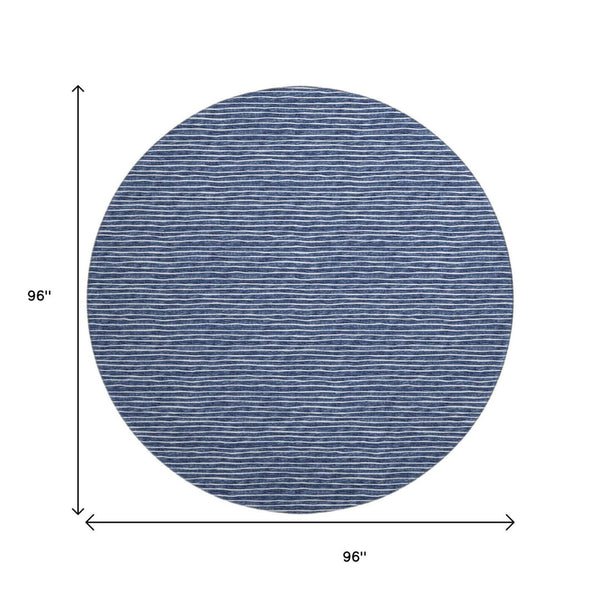 HomeRoots 8' Navy Blue & Ivory Striped Washable Round Rug – Durable, UV-Protected for Stylish High-Traffic Areas 645220