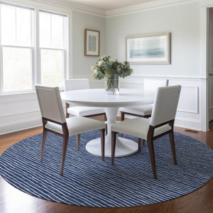 HomeRoots 8' Navy Blue & Ivory Striped Washable Round Rug – Durable, UV-Protected for Stylish High-Traffic Areas 645220