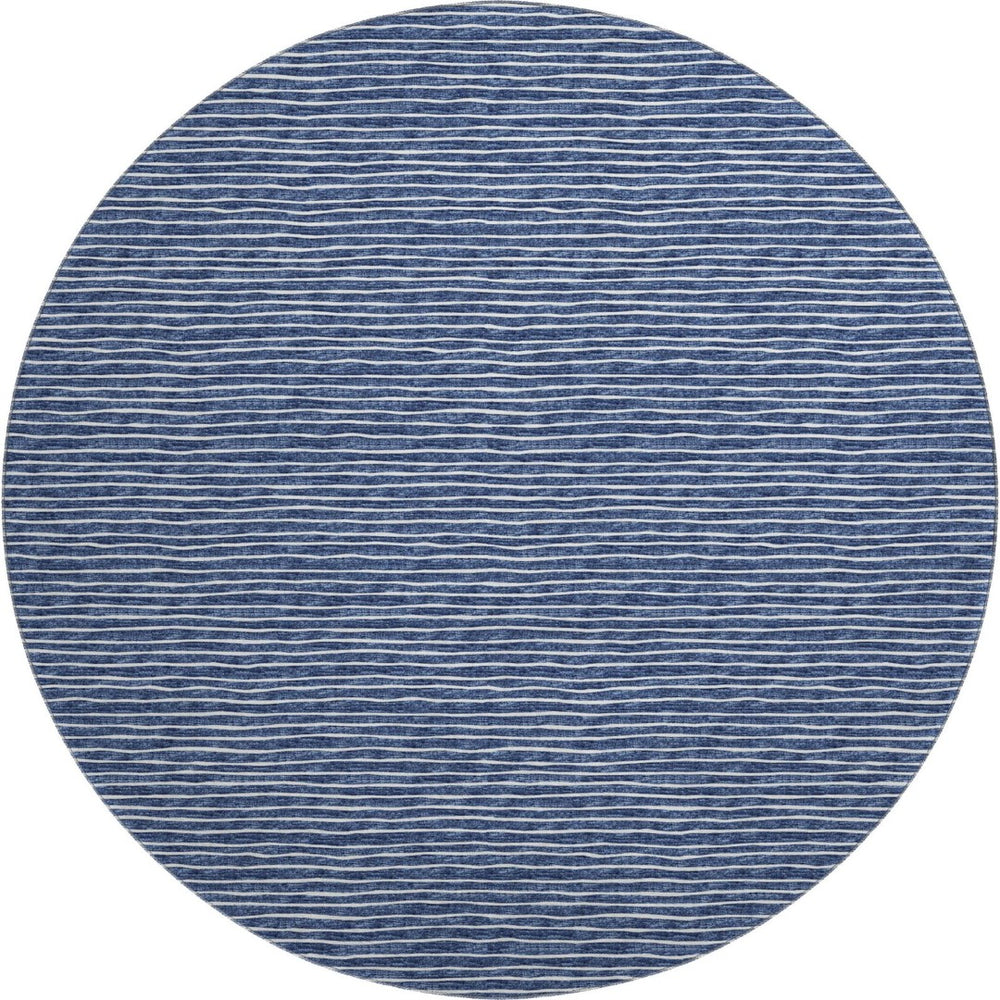 HomeRoots 8' Navy Blue & Ivory Striped Washable Round Rug – Durable, UV-Protected for Stylish High-Traffic Areas 645220