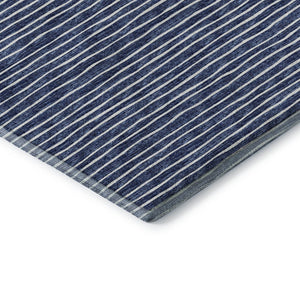 HomeRoots 8' Navy Blue & Ivory Striped Washable Round Rug – Durable, UV-Protected for Stylish High-Traffic Areas 645220
