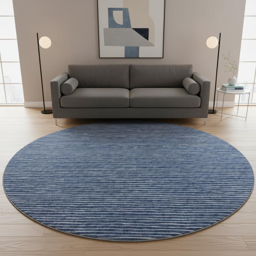 HomeRoots 8' Navy Blue & Ivory Striped Washable Round Rug – Durable, UV-Protected for Stylish High-Traffic Areas 645220