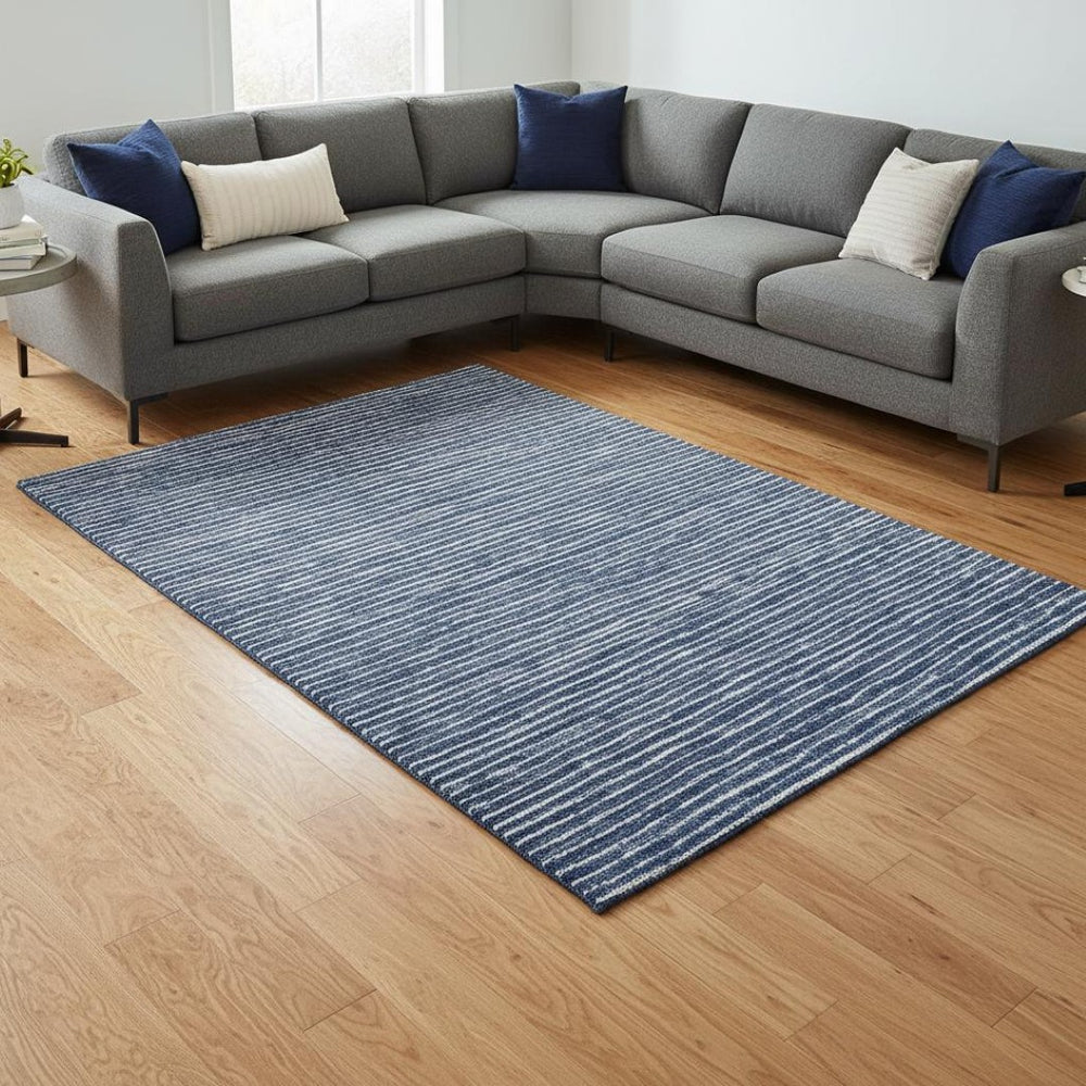 HomeRoots 8' X 10' Navy Blue & Ivory Striped Area Rug - Durable, Washable, UV-Protected for Homes with Kids & Pets 645221