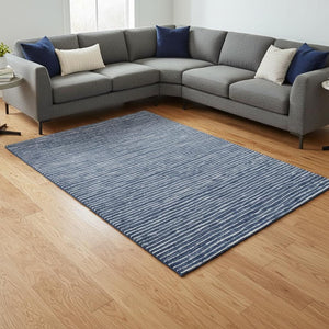 HomeRoots 8' X 10' Navy Blue & Ivory Striped Area Rug - Durable, Washable, UV-Protected for Homes with Kids & Pets 645221