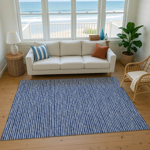 HomeRoots 9' X 12' Navy Blue Striped Area Rug - Washable, Stain-Resistant, UV Protected for Stylish Spaces 645222