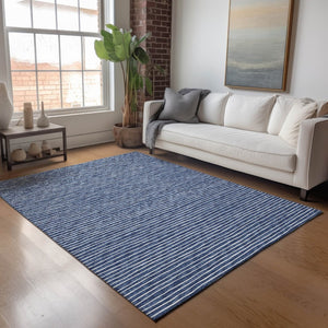 HomeRoots 9' X 12' Navy Blue Striped Area Rug - Washable, Stain-Resistant, UV Protected for Stylish Spaces 645222