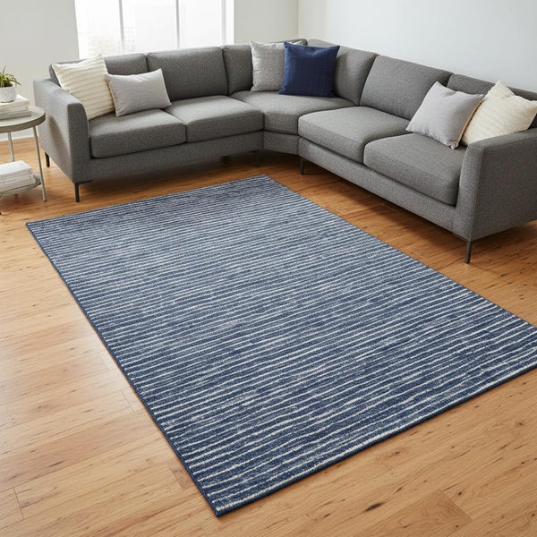 HomeRoots 9' X 12' Navy Blue Striped Area Rug - Washable, Stain-Resistant, UV Protected for Stylish Spaces 645222